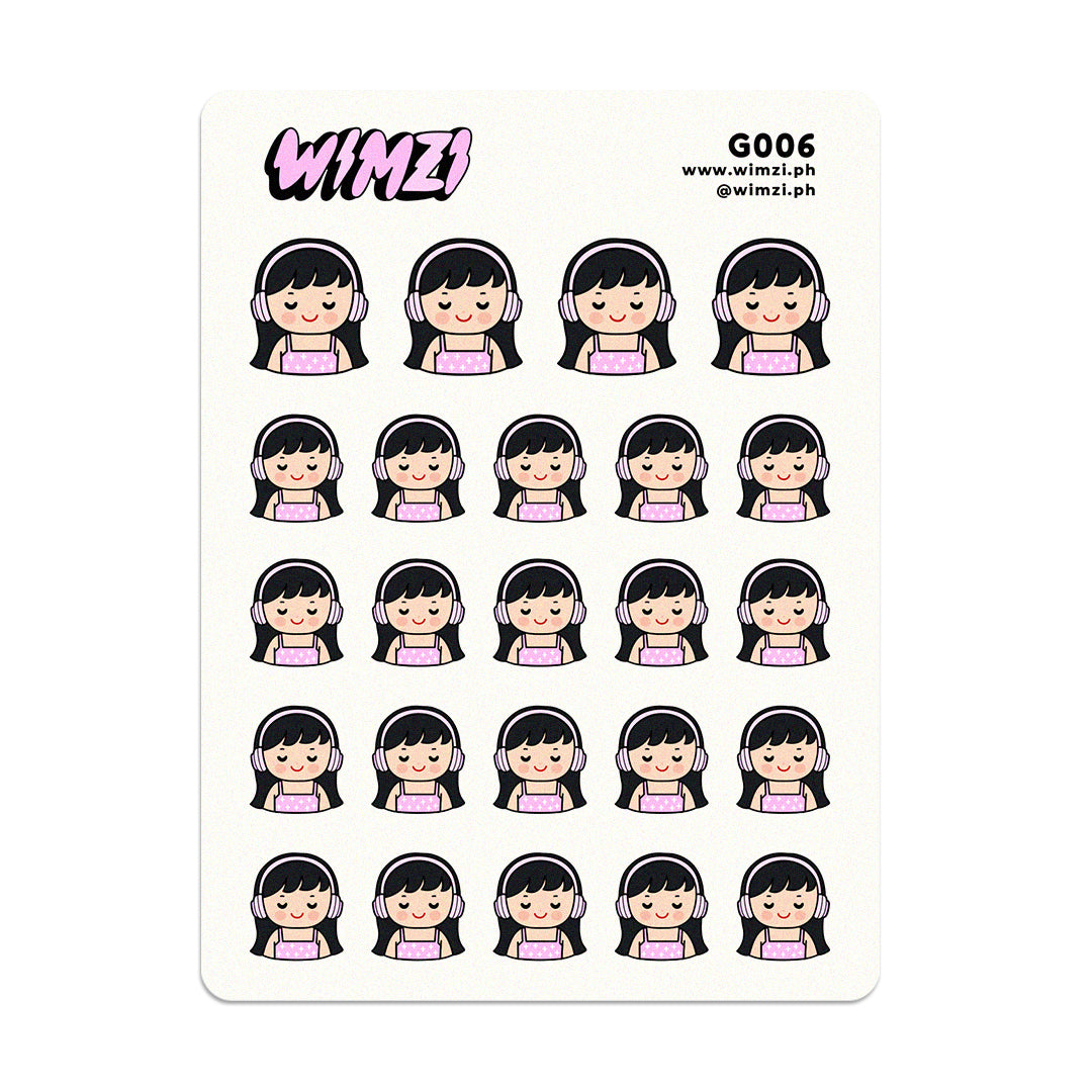 Sheet of planner stickers featuring a character with headphones, branded &
