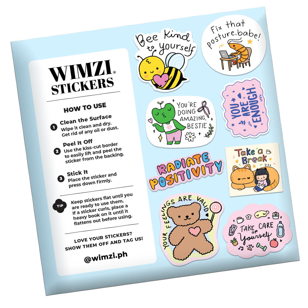 Wimzi stickers with various designs and a sheet of instructions on a light blue background