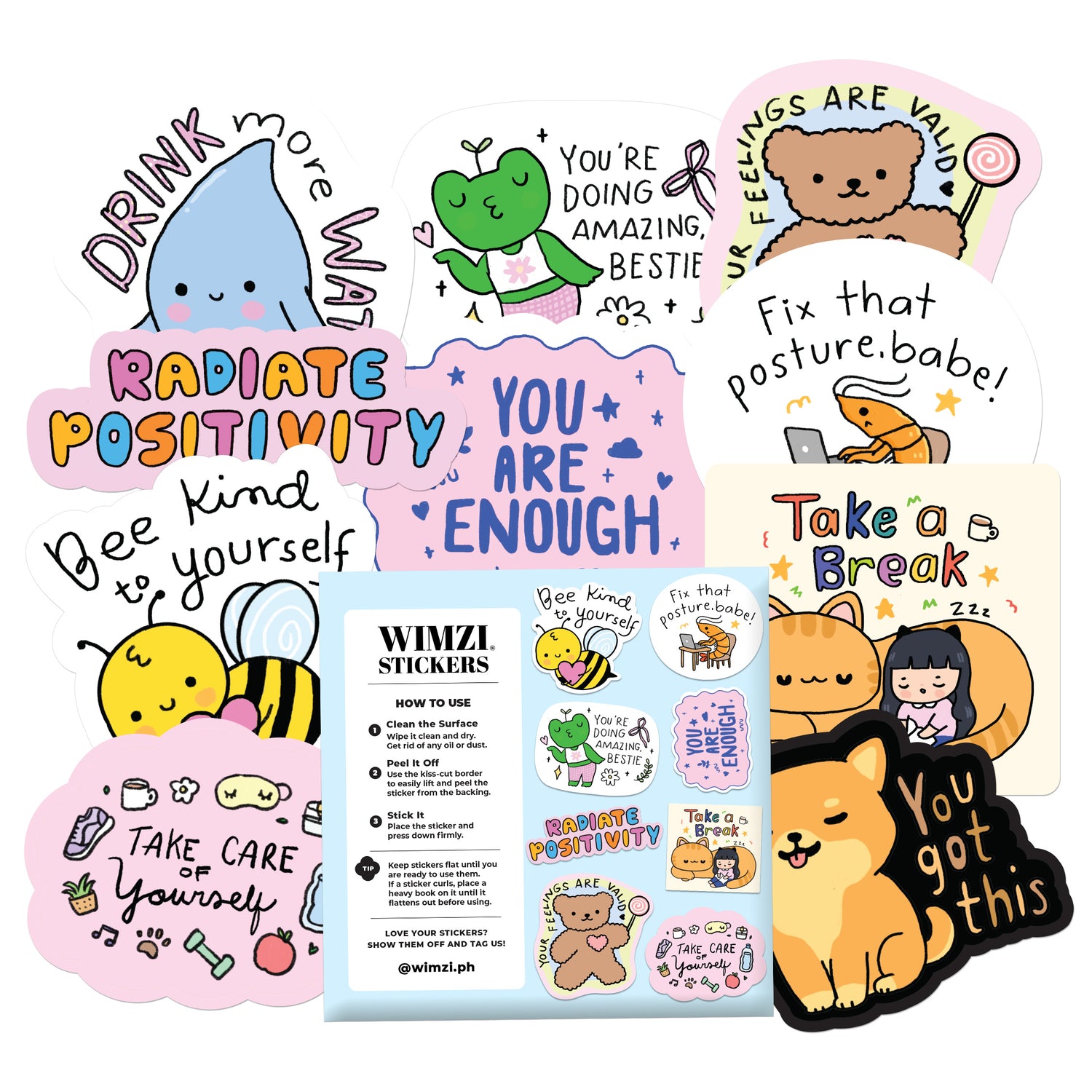 Collection of motivational stickers with various designs and text
