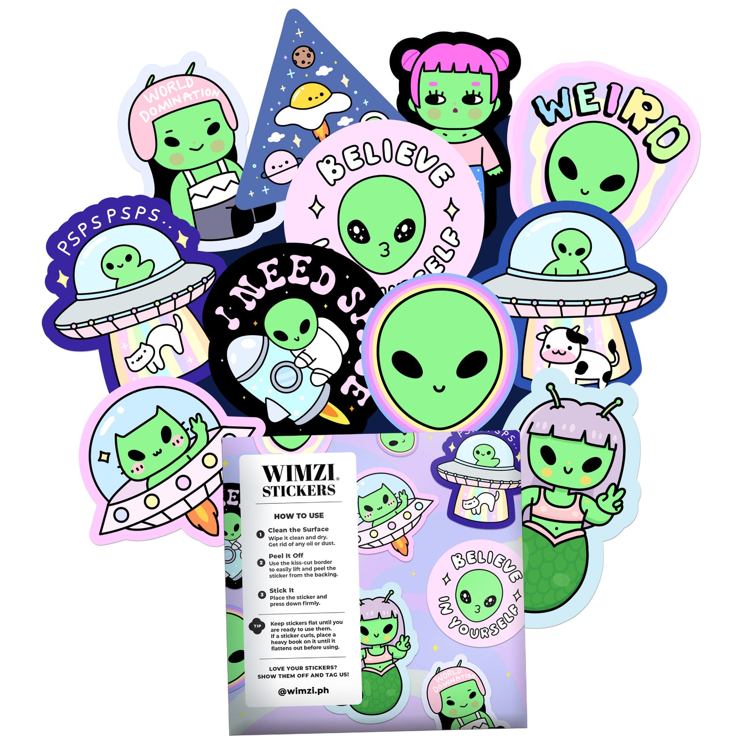 Collection of colorful alien-themed stickers with a Wimzi Stickers packaging in the center.