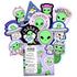 Collection of colorful alien-themed stickers with a Wimzi Stickers packaging in the center.