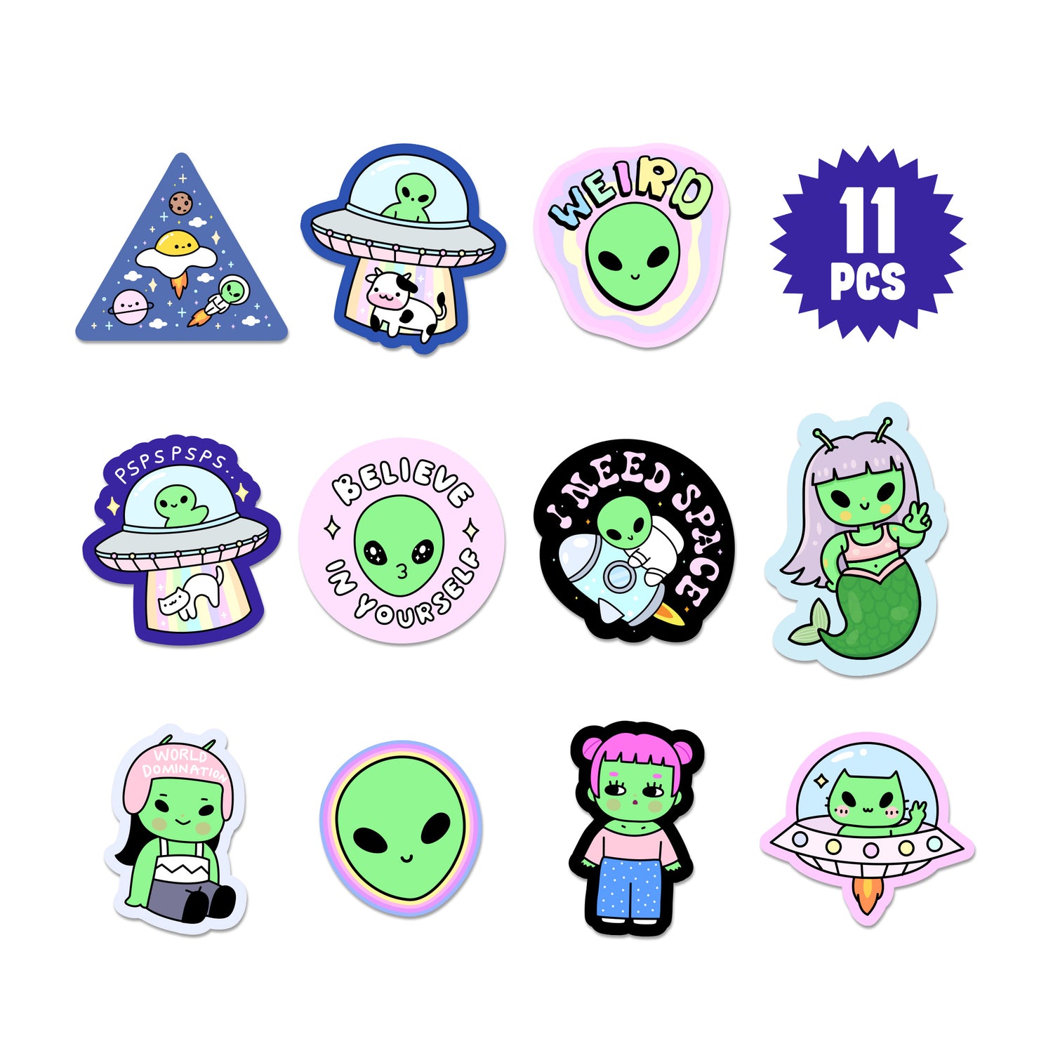 Set of 11 colorful stickers with various designs on a white background