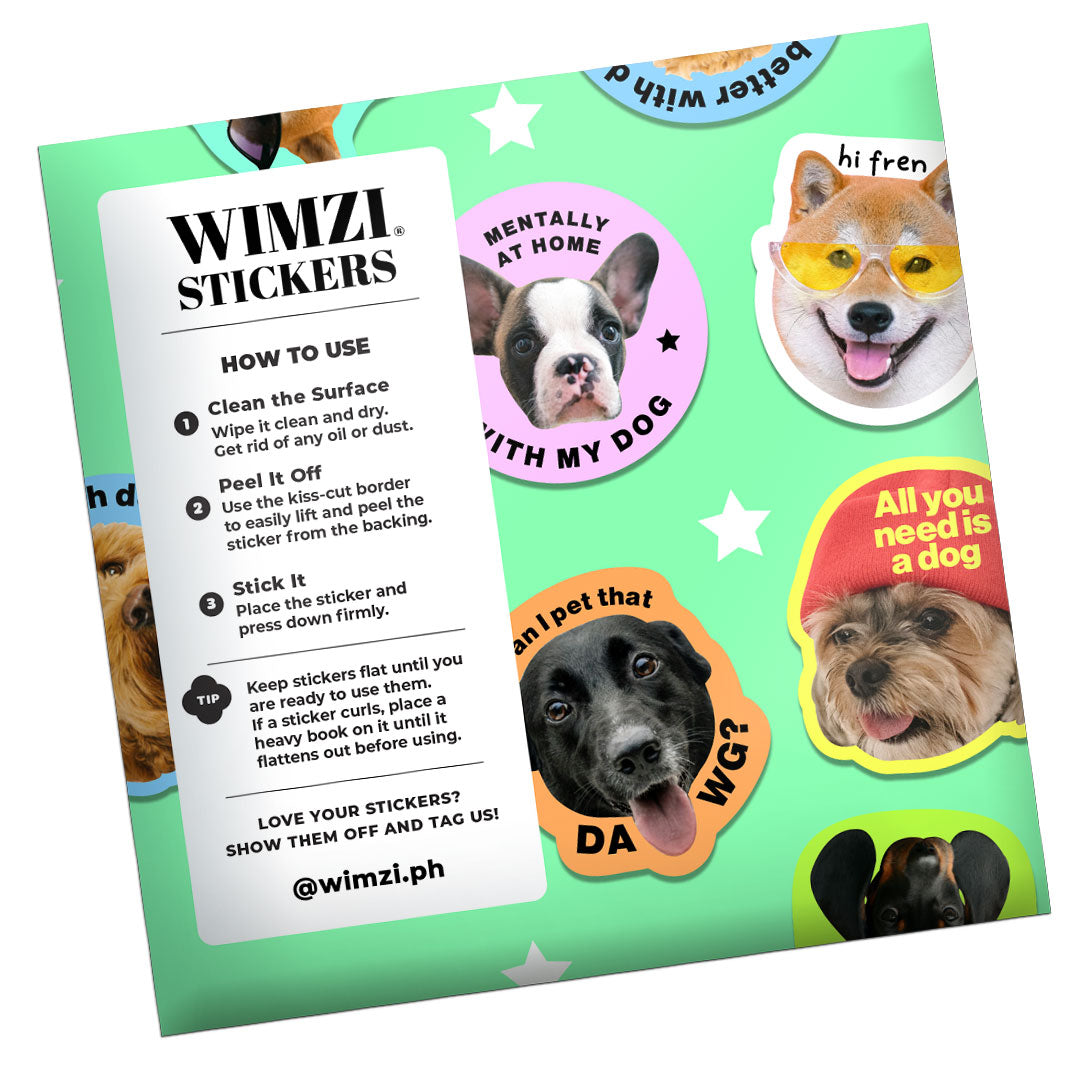 Wimzi Stickers packaging with dog-themed stickers and usage instructions.