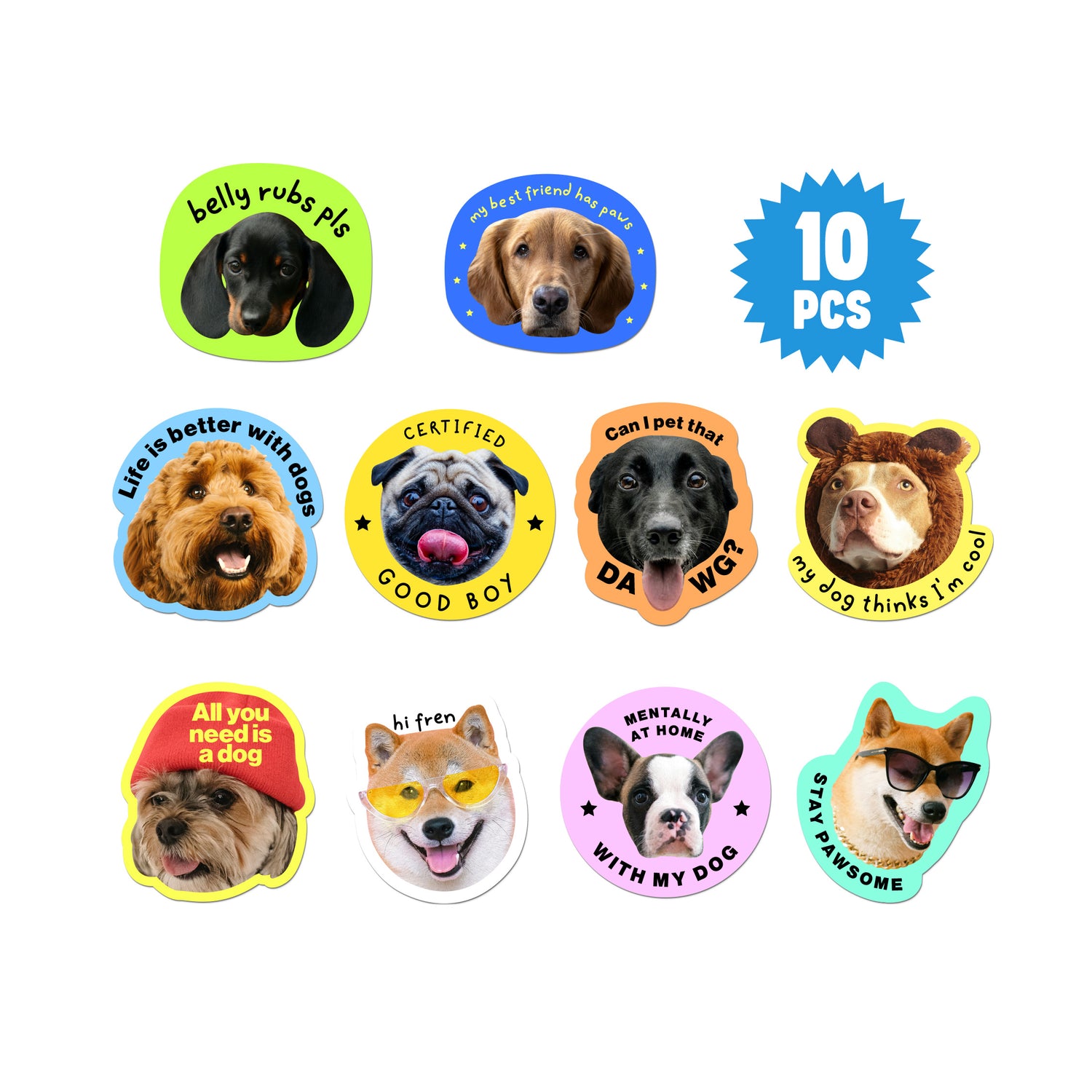 Set of 10 dog-themed stickers with various designs and text on a white background.