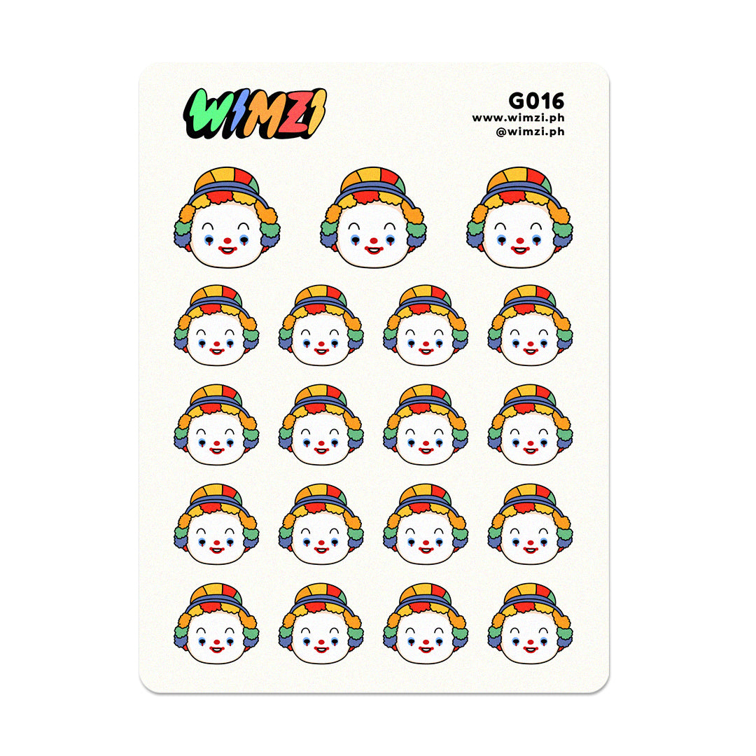 Sheet of stickers with clown cartoon character wearing a rainbow hat on a white background, featuring the brand &