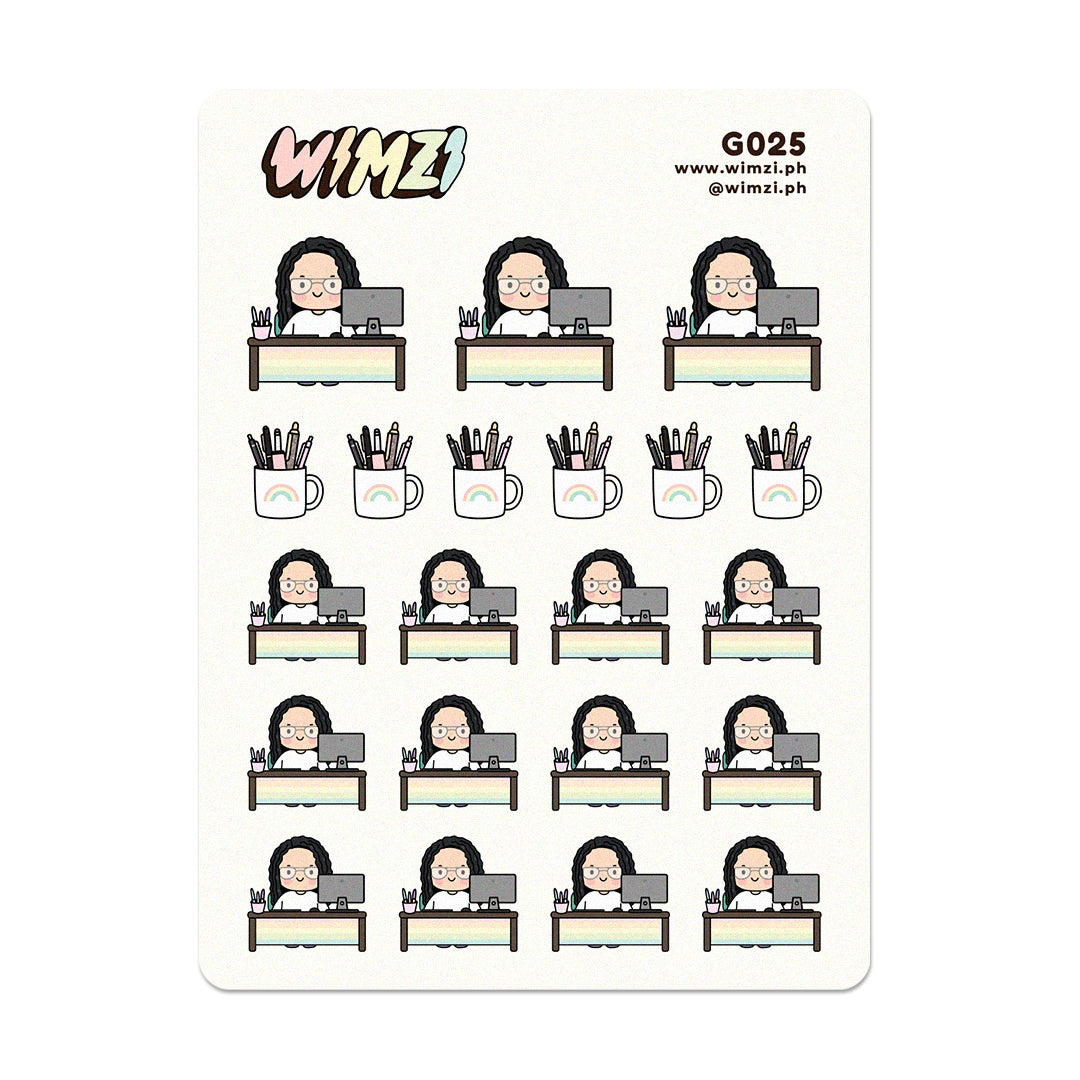 Sheet of planner stickers featuring a character at a desk with a cup and computer, branded &