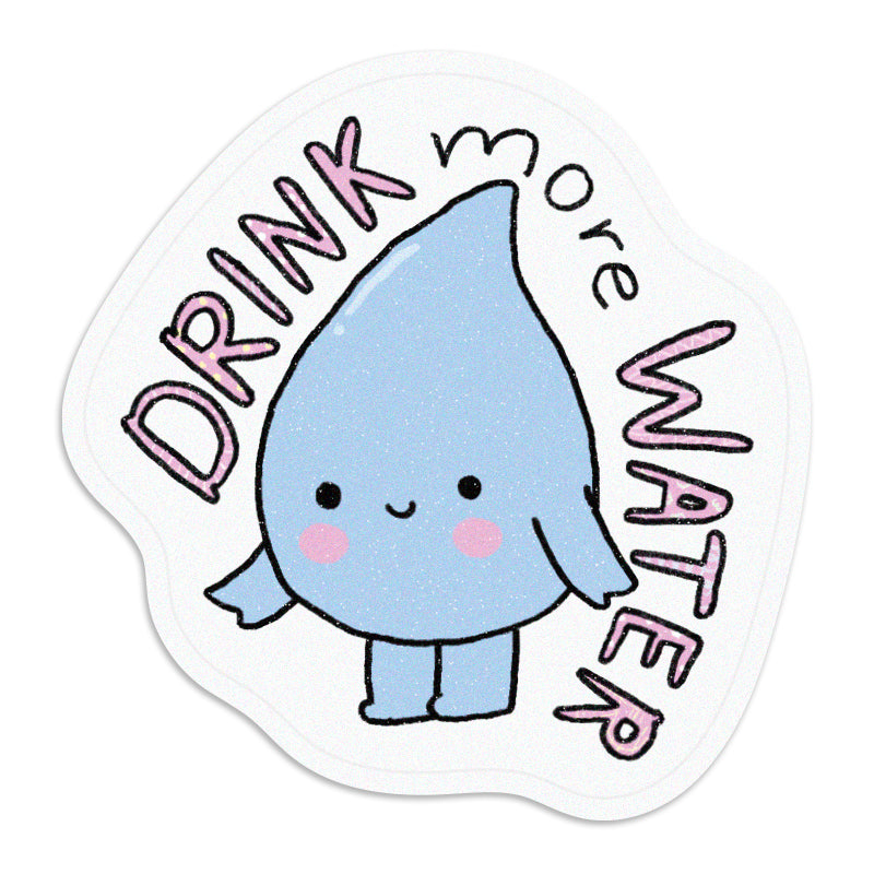 Sticker with a blue cartoon water droplet and &