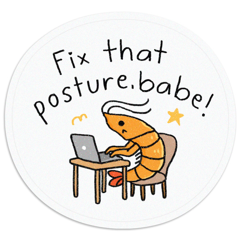 Illustration of a shrimp sitting at a desk with a laptop, with text &