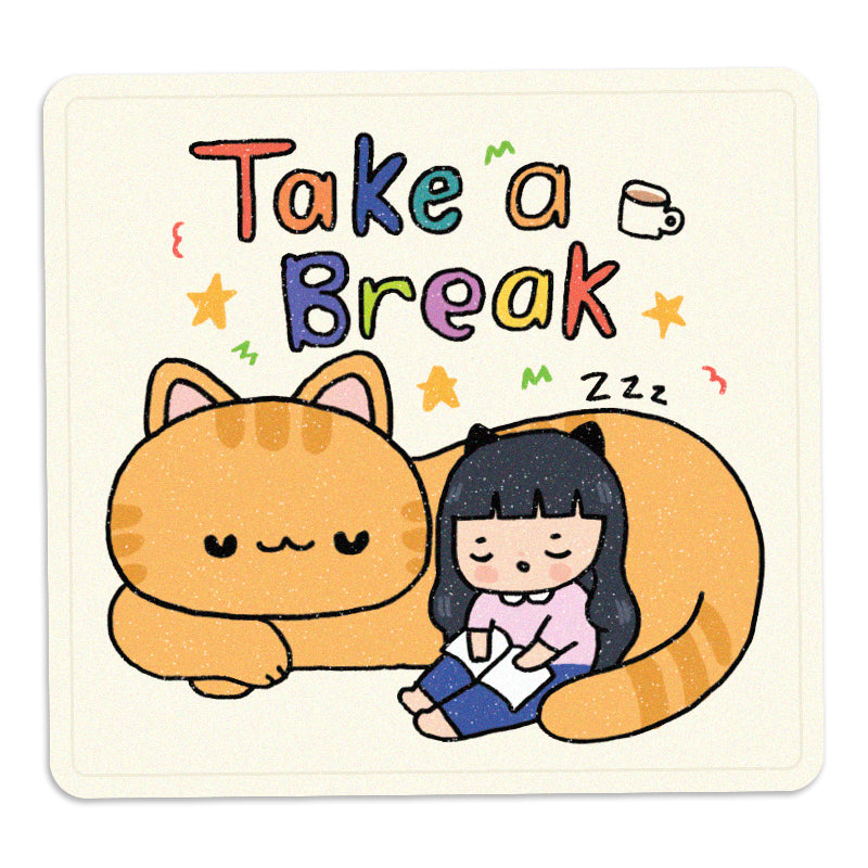 Sticker with cartoon cat and girl, text &