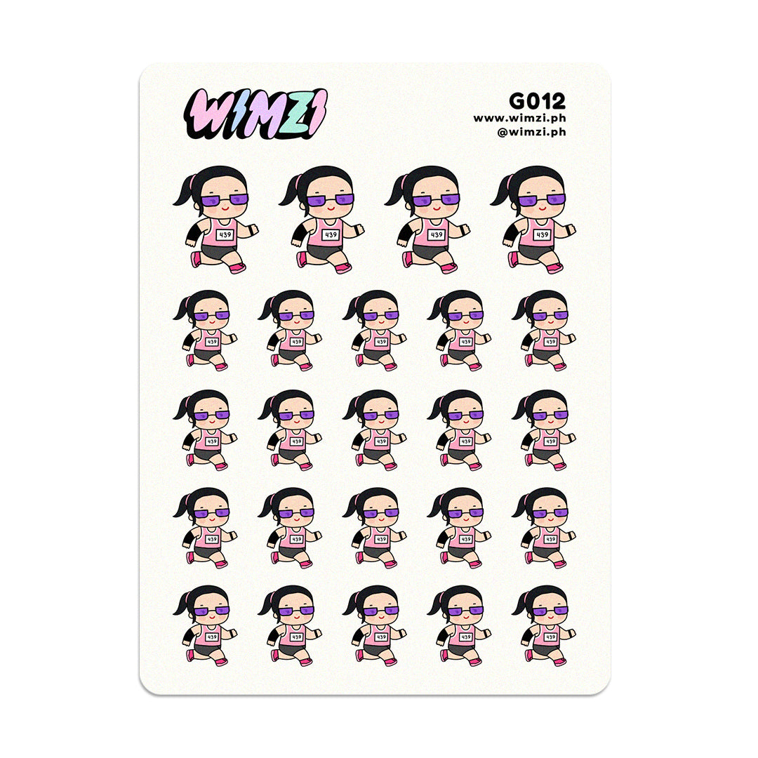 Sheet of planner stickers featuring a character running with sunglasses and a pink shirt, branded &