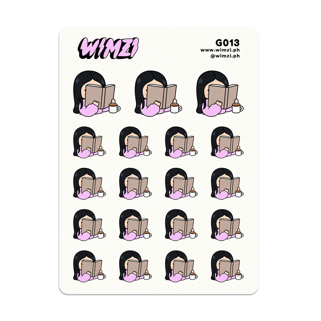 Sheet of planner stickers featuring a person reading a book with coffee on the side, branded &