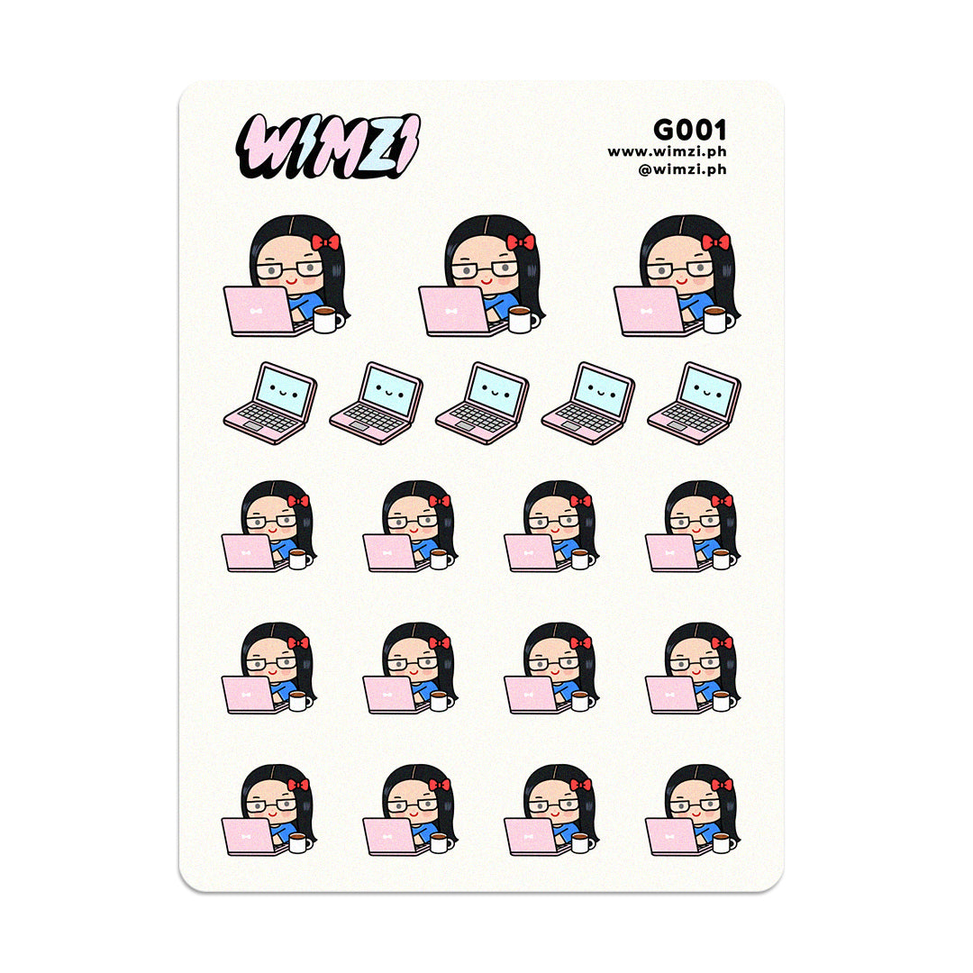Planner sticker sheet with cartoon character using a laptop, branded &