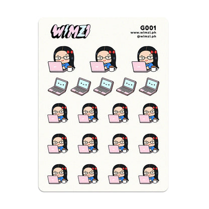 Planner sticker sheet with cartoon character using a laptop, branded &
