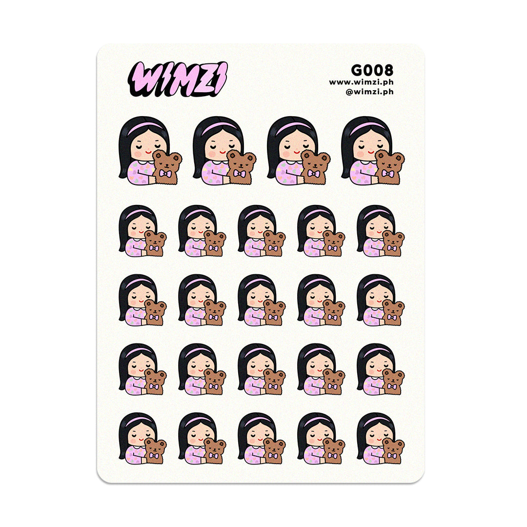 Sheet of planner stickers featuring a character holding teddy bears with WIMZI branding.