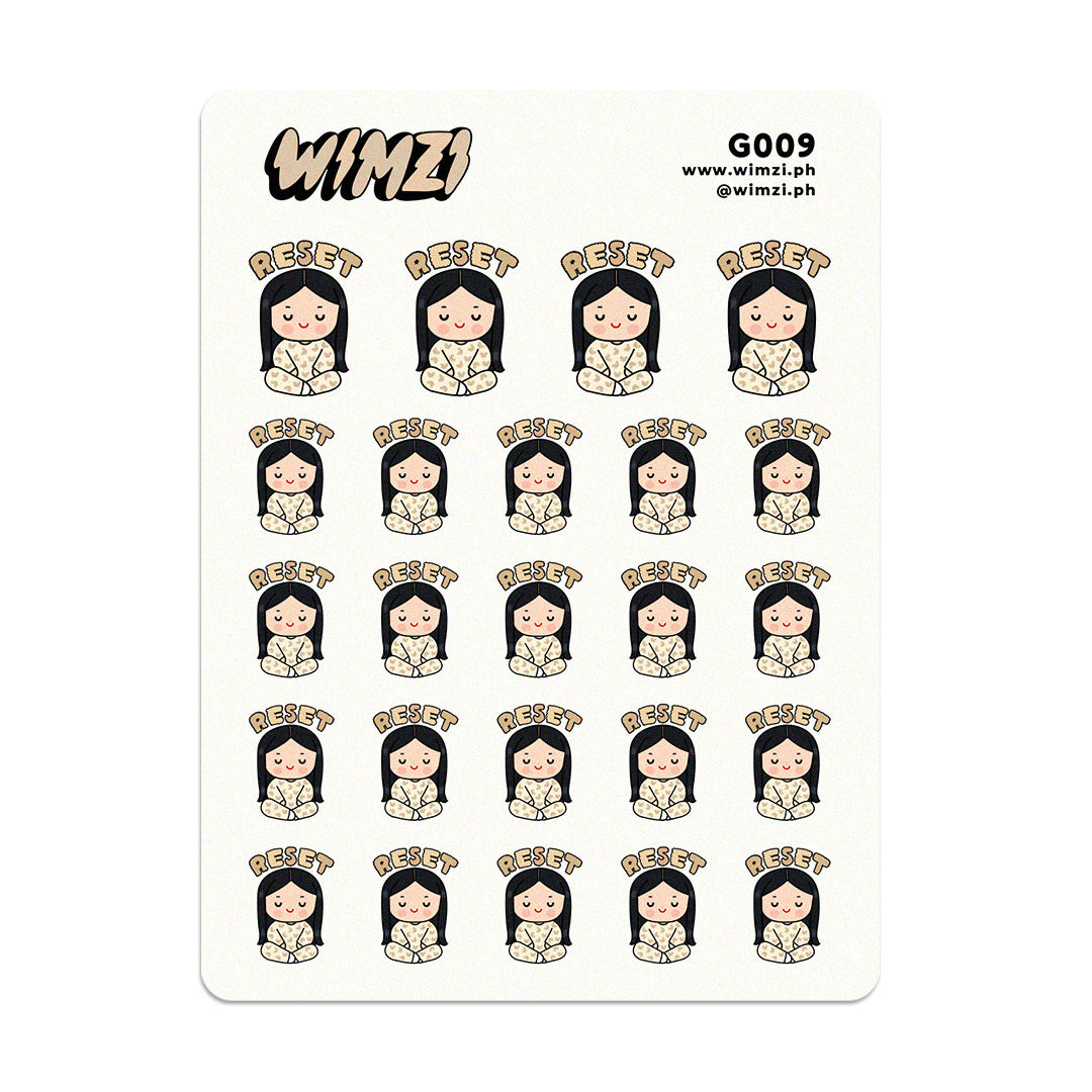 Sheet of planner stickers with a cartoon character labeled &