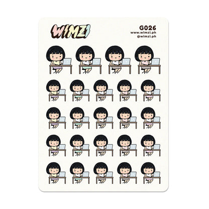 Sheet of planner stickers featuring a cartoon character sitting at a desk with a laptop, branded &