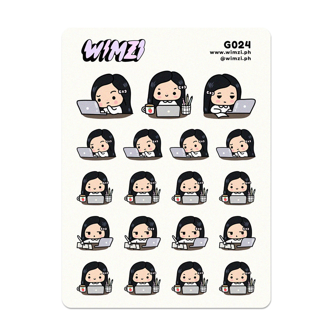 Sticker sheet with cartoon character using a laptop, brand &