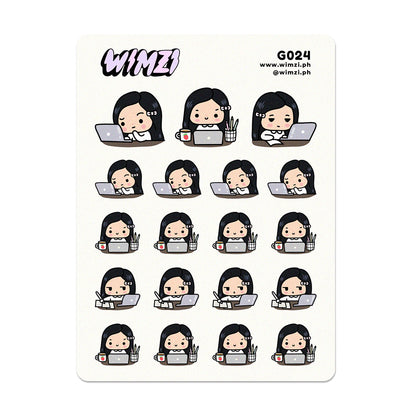 Sticker sheet with cartoon character using a laptop, brand &
