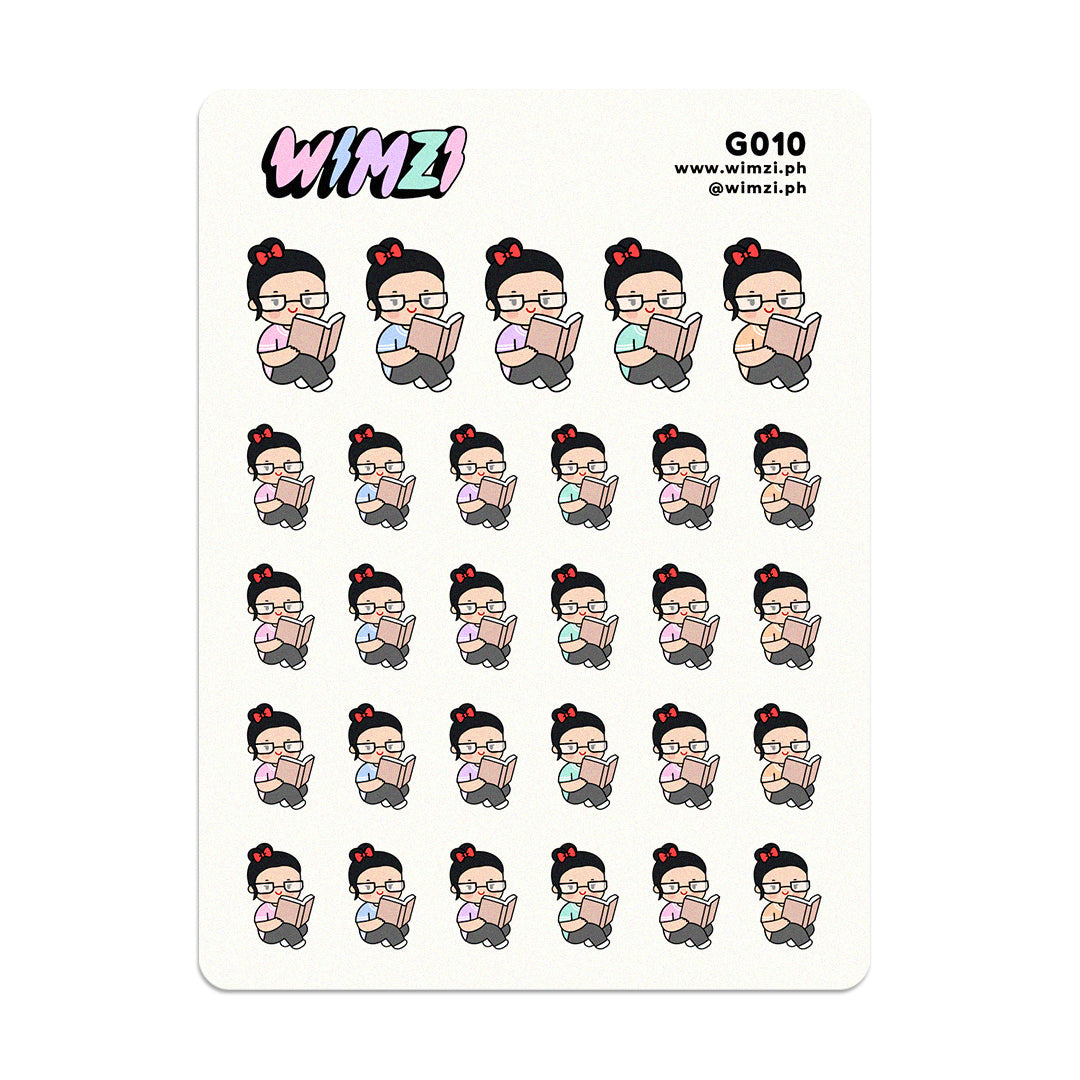 Sheet of planner stickers featuring a character reading a book, with &