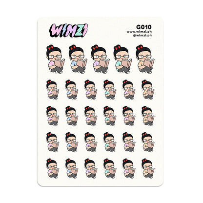 Sheet of planner stickers featuring a character reading a book, with &