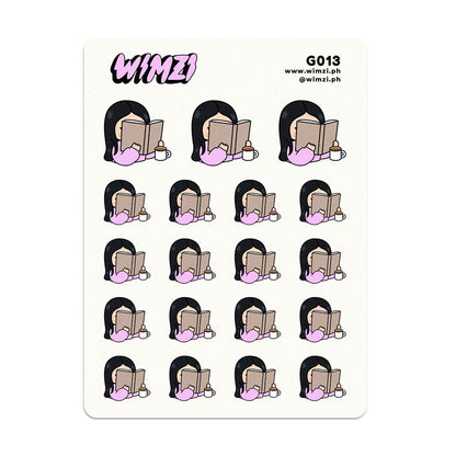 Sheet of planner stickers featuring a person reading a book with coffee on the side, branded &