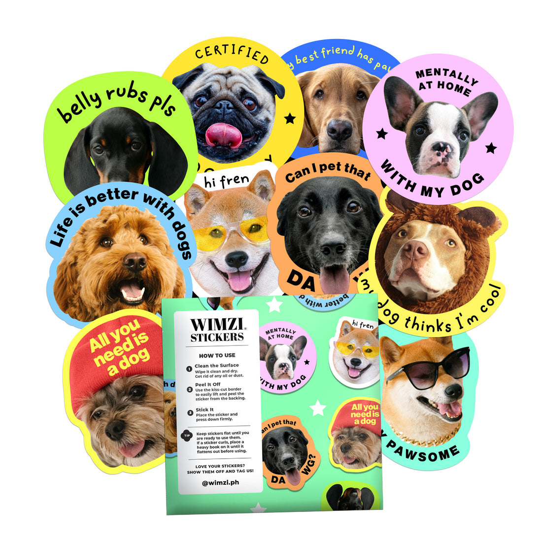 Collection of dog-themed stickers with various designs and text on a white background.