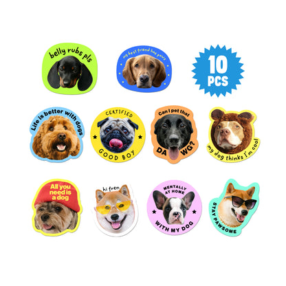 Set of 10 dog-themed stickers with various designs and text on a white background.