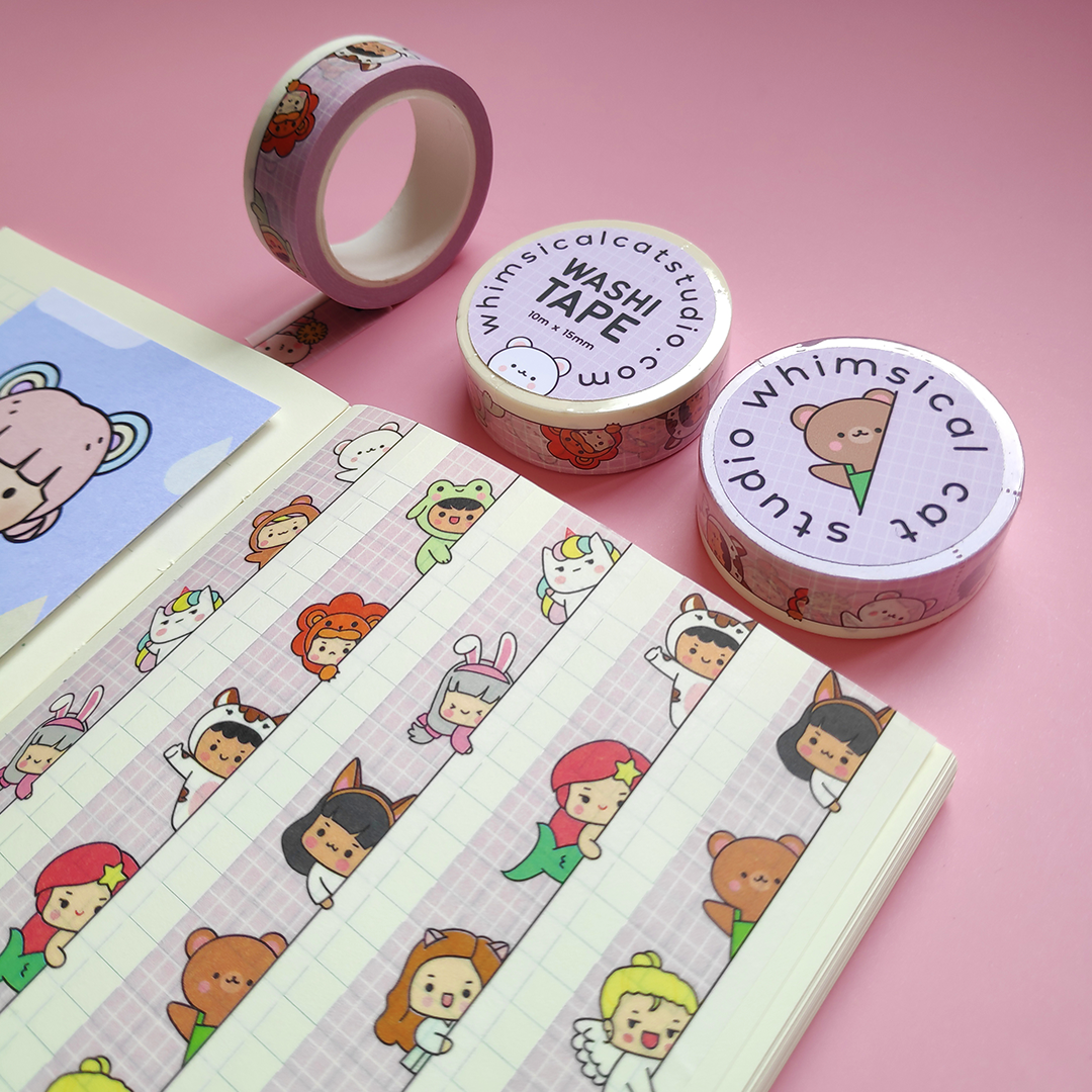 Cute Characters Peeking - Grid Washi Tape