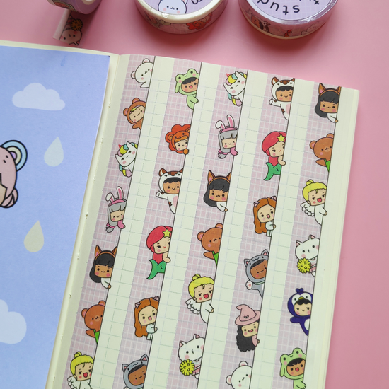 Cute Characters Peeking - Grid Washi Tape